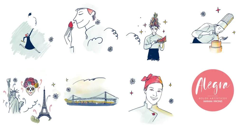 Linha do tempo representando a trajetória profissional da chef Mariana Vicenzi da Alegra Cakes Bolos Artísticos de Florianópolis